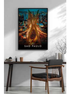Sao Paulo Gece Şehir Manzarası Çerçeveli Mdf Tablo Poster Salon Duvar Dekoru Hediye