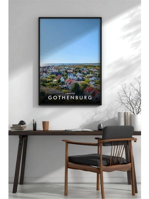 Göteborg Sahil Evleri Havadan Çerçeveli Mdf Tablo Poster Salon Duvar Dekoru Hediye