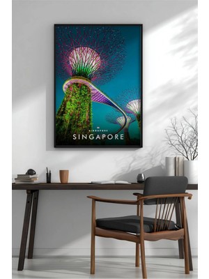Singapur Supertrees Gece Çerçeveli Mdf Tablo Poster Salon Duvar Dekoru Hediye