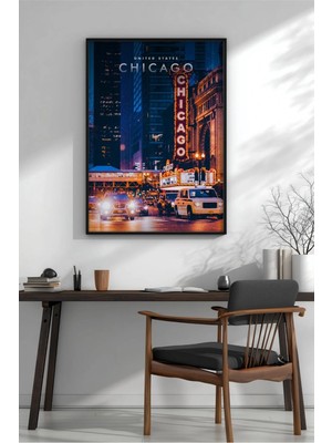Chicago Yol Şehir Manzarası Çerçeveli Mdf Tablo Poster Salon Duvar Dekoru Hediye