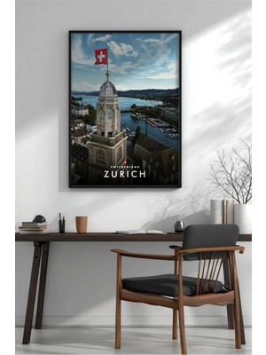 Zürih Isviçre Şehir Manzarası Seyahat Çerçeveli Mdf Tablo Poster Salon Duvar Dekoru Hediye