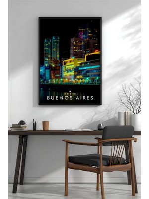 Buenos Aires Gece Şehir Manzarası No 2 Çerçeveli Mdf Tablo Poster Salon Duvar Dekoru Hediye