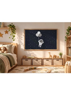 Balonlu Astronot Uzay Yatay Çerçeveli Mdf Tablo Poster Çocuk Odası Duvar Dekoru Hediye