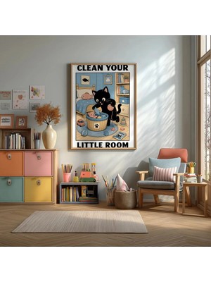 Clean Your Room Kedi Yazılı Çerçeveli Mdf Tablo Poster Çocuk Odası Duvar Dekoru Hediye