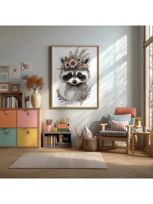 Bebek Rakun Sevimli Çerçeveli Mdf Tablo Poster Bebek Odası Duvar Dekoru Hediye