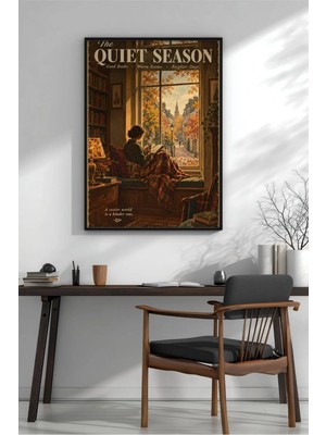 Vintage Sessiz Mevsim Kitap Köşesi Çerçeveli Mdf Tablo Poster Salon Duvar Dekoru Hediye