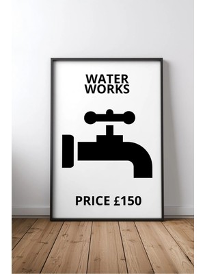 Water Works Tap Icon Banyo Yazılı Çerçeveli Mdf Tablo Poster Banyo Duvar Dekoru Hediye