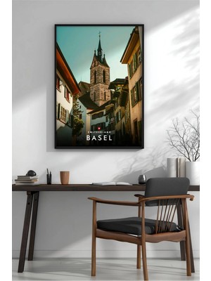 Basel Isviçre Eski Şehir Sokak Manzarası Çerçeveli Mdf Tablo Poster Salon Duvar Dekoru Hediye