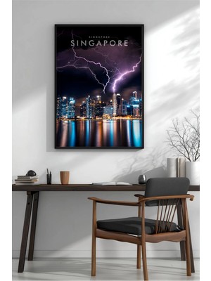 Singapur Gece Gökyüzü Çerçeveli Mdf Tablo Poster Salon Duvar Dekoru Hediye