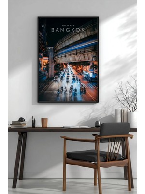 Bangkok Yol Night Çerçeveli Mdf Tablo Poster Salon Duvar Dekoru Hediye