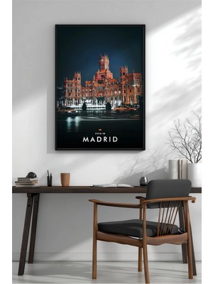 Palacio De Cibeles Madrid Gece Çerçeveli Mdf Tablo Poster Salon Duvar Dekoru Hediye