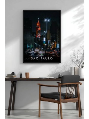 Sao Paulo Gece Şehir Manzarası No 2 Çerçeveli Mdf Tablo Poster Salon Duvar Dekoru Hediye