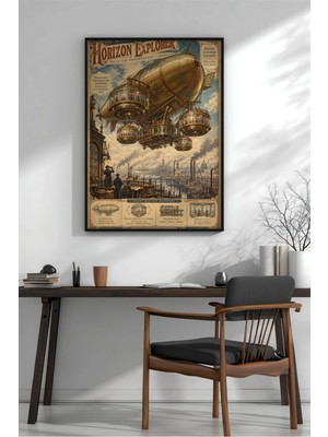 Steampunk Zeplin Kaşif Afiş Çerçeveli Mdf Tablo Poster Salon Duvar Dekoru Hediye