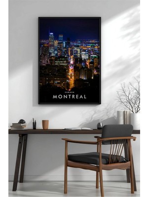 Montreal Gece Şehir Manzarası Çerçeveli Mdf Tablo Poster Salon Duvar Dekoru Hediye