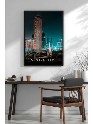 Singapur Silüeti No 3 Çerçeveli Mdf Tablo Poster Salon Duvar Dekoru Hediye