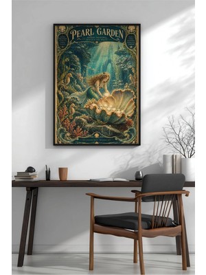 Art Deco Deniz Kızı Inci Bahçesi Çerçeveli Mdf Tablo Poster Salon Duvar Dekoru Hediye