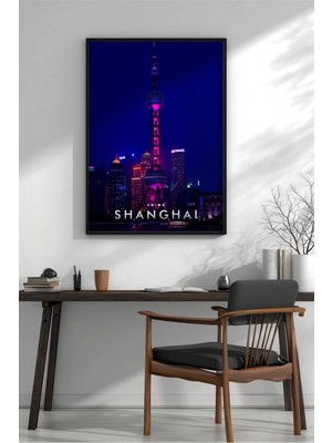 Şangay Silüeti Şehir Manzarası Çerçeveli Mdf Tablo Poster Salon Duvar Dekoru Hediye