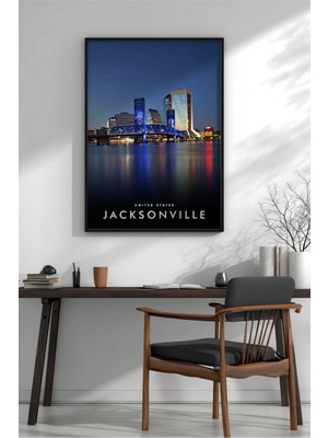 Jacksonville Florida Gece Silüeti Çerçeveli Mdf Tablo Poster Salon Duvar Dekoru Hediye