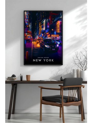 New York Gece No 7 Çerçeveli Mdf Tablo Poster Salon Duvar Dekoru Hediye