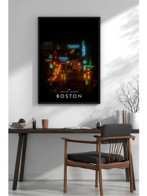 Boston Gece Neon Tabelaları Çerçeveli Mdf Tablo Poster Salon Duvar Dekoru Hediye