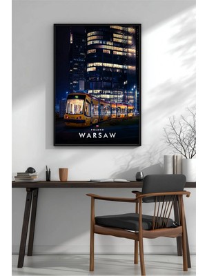 Varşova Gece Tramvay Şehir Manzarası Çerçeveli Mdf Tablo Poster Salon Duvar Dekoru Hediye