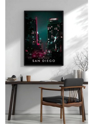 San Diego Gece Şehir Manzarası Çerçeveli Mdf Tablo Poster Salon Duvar Dekoru Hediye