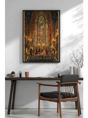 Gotik Vitray Altın Güvercinler Çerçeveli Mdf Tablo Poster Salon Duvar Dekoru Hediye