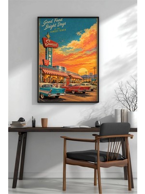 Retro Amerikan Diner Yol Kenarı Çerçeveli Mdf Tablo Poster Mutfak Duvar Dekoru Hediye