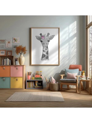 Suluboya Bebek Zürafa Çerçeveli Mdf Tablo Poster Bebek Odası Duvar Dekoru Hediye