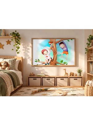 Ağaçta Oynayan Çocuklar Çerçeveli Mdf Tablo Poster Çocuk Odası Duvar Dekoru Hediye