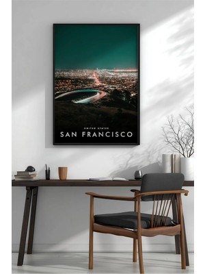 San Francisco Gece Şehir Manzarası Çerçeveli Mdf Tablo Poster Salon Duvar Dekoru Hediye