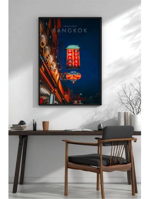 Bangkok Sokak Şehir Manzarası Çerçeveli Mdf Tablo Poster Salon Duvar Dekoru Hediye