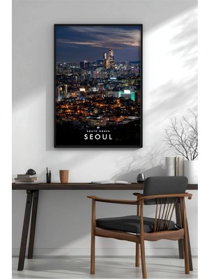 Seul Gece Şehir Manzarası No 3 Çerçeveli Mdf Tablo Poster Salon Duvar Dekoru Hediye
