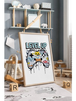 Level Up Oyuncu Çerçeveli Mdf Tablo Poster Çocuk Odası Duvar Dekoru Hediye