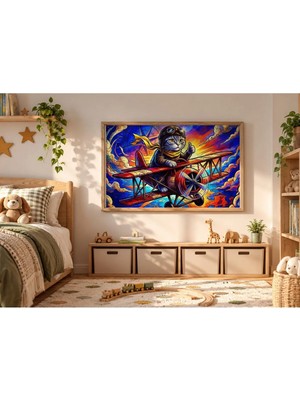 Pilot Kedi Çift Kanatlı Uçak Retro Çerçeveli Mdf Tablo Poster Çocuk Odası Duvar Dekoru Hediye