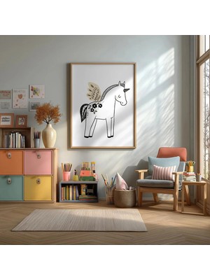 Kanatlı Unicorn Boyama Çerçeveli Mdf Tablo Poster Çocuk Odası Duvar Dekoru Hediye