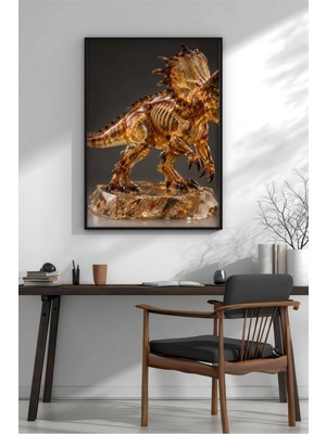 Altın Boynuzlu Dinozor Figür Çerçeveli Mdf Tablo Poster Çocuk Odası Duvar Dekoru Hediye