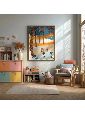 Buz Pateni Yapan Çocuk Çerçeveli Mdf Tablo Poster Çocuk Odası Duvar Dekoru Hediye