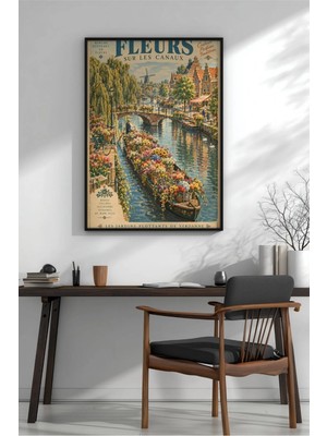 Vintage Avrupa Kanal Çiçekli Mavna Çerçeveli Mdf Tablo Poster Salon Duvar Dekoru Hediye