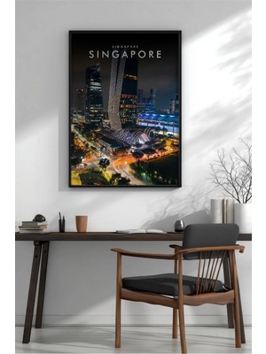 Singapur Gece Şehir Çerçeveli Mdf Tablo Poster Salon Duvar Dekoru Hediye
