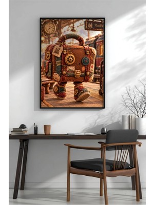 Steampunk Yürüyen Bavul Robot Çerçeveli Mdf Tablo Poster Çocuk Odası Duvar Dekoru Hediye