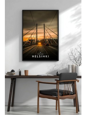 Helsinki Köprüsü Gün Batımı Seyahat Çerçeveli Mdf Tablo Poster Salon Duvar Dekoru Hediye