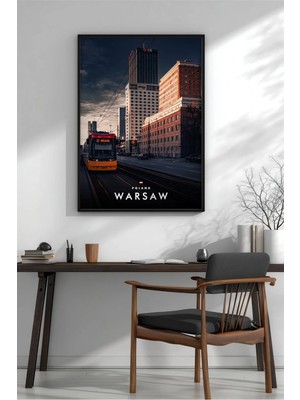 Varşova Tramvaylı Şehir Manzarası Çerçeveli Mdf Tablo Poster Salon Duvar Dekoru Hediye