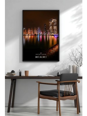 Miami Gece Silüeti Çerçeveli Mdf Tablo Poster Salon Duvar Dekoru Hediye