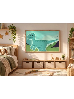 Sevimli Dinozor Çocuk Yatay Çerçeveli Mdf Tablo Poster Çocuk Odası Duvar Dekoru Hediye