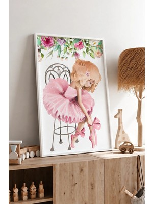 Pembe Balerin Kız Çerçeveli Mdf Tablo Poster Çocuk Odası Duvar Dekoru Hediye