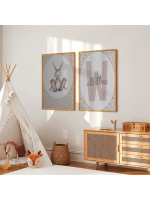 Kişiye Özel Isimli Çiçekli Tavşan 2'li Set Çerçeveli Mdf Tablo Poster Bebek Odası Hediye