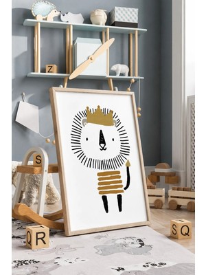 Taçlı Aslan Çerçeveli Mdf Tablo Poster Bebek Odası Duvar Dekoru Hediye