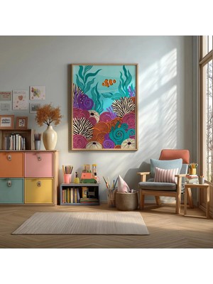 Palyaço Balığı Mercan Resifi Çerçeveli Mdf Tablo Poster Çocuk Odası Duvar Dekoru Hediye