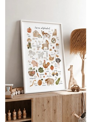 Çiftlik Hayvanları Alfabesi Çerçeveli Mdf Tablo Poster Çocuk Odası Duvar Dekoru Hediye